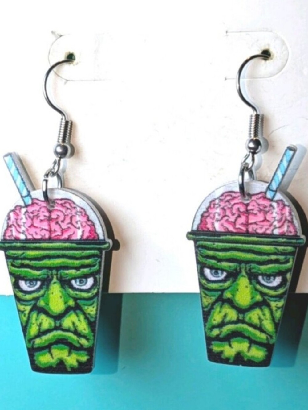 Novelty Green Brain Slush Cup Earrings with Pink Detail